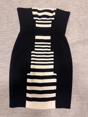 BCBGMaxAzria Black and White Strapless Sheath Dress